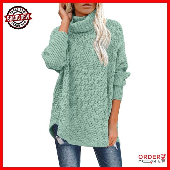 Oversized Turtleneck Pullover Sweater - Soft Knit Tunic Long Sleeve